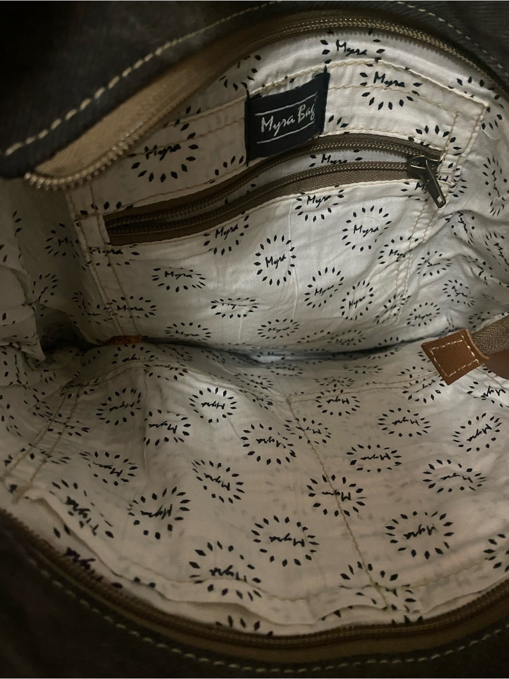 Myra Bag Brown Leather Crossbody with Cream Printed Lining - Picture 3 of 4